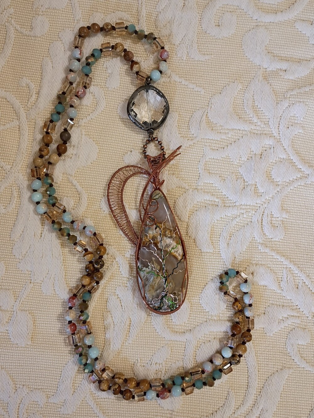 Graveyard Plume Agate Copper Wire Wrapped Tree If Life And Glass+ Gem Beads